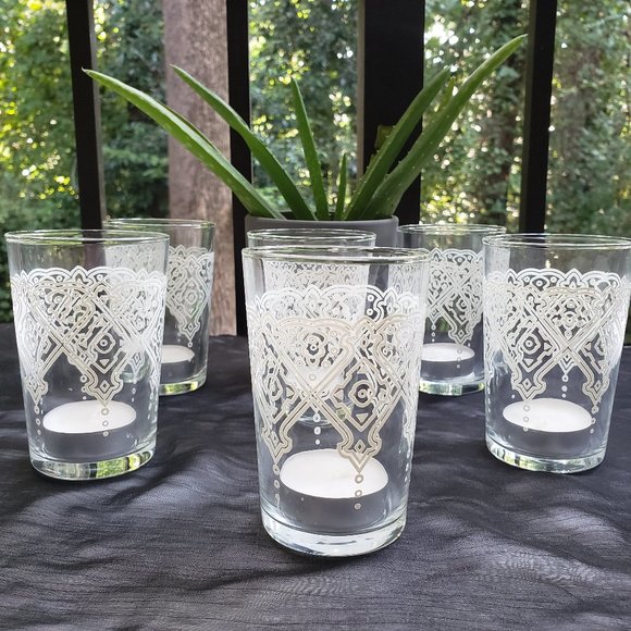 ZODAX Mazagran Glass Votive Tealight Candle Holder White Etched Design Set of 6 - Picture 1 of 7